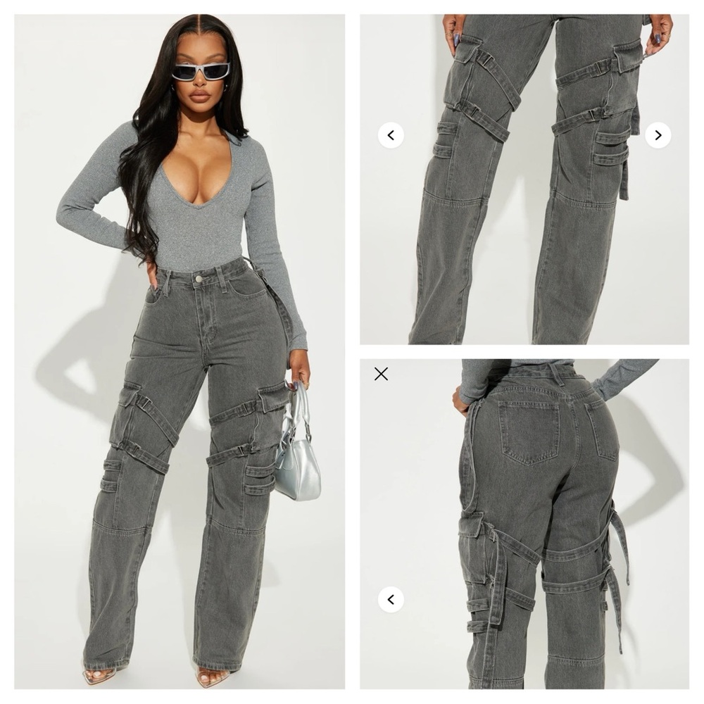 Fashion Nova Leave A Message Grey Cargo Straight Leg Denim Jeans Size 9 New